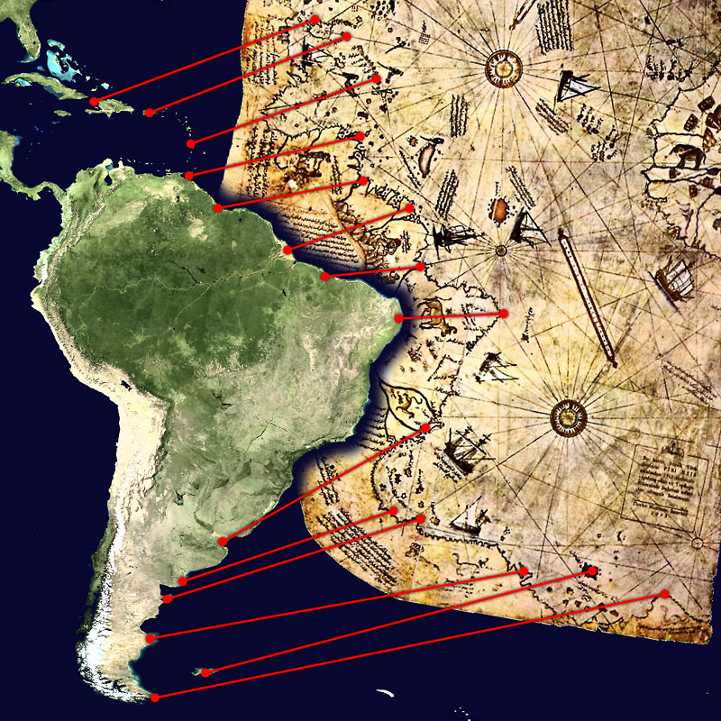 The Piri Reis map, compared to a modern satellite picture of the South American continent. Wikimedia Commons